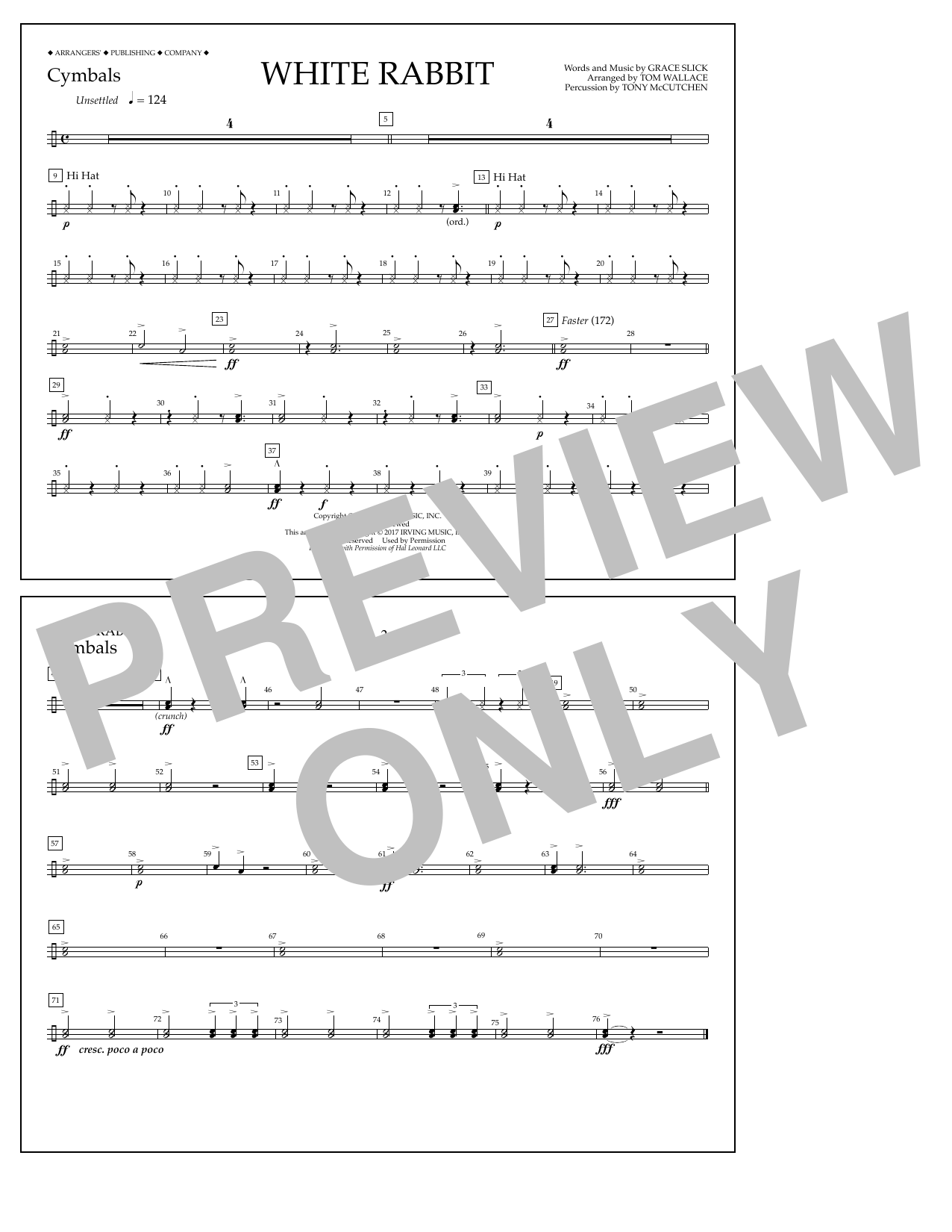 Learn to play Tom Wallace White Rabbit - Cymbals sheet music for Marching Band in minutes. Price: 7.8900$ Tom Wallace White Rabbit - Cymbals sheet music notes and chords arranged for Marching Band