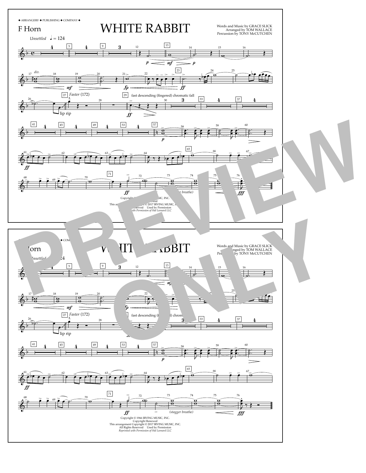 Learn to play Tom Wallace White Rabbit - F Horn sheet music for Marching Band in minutes. Price: 7.8900$ Tom Wallace White Rabbit - F Horn sheet music notes and chords arranged for Marching Band