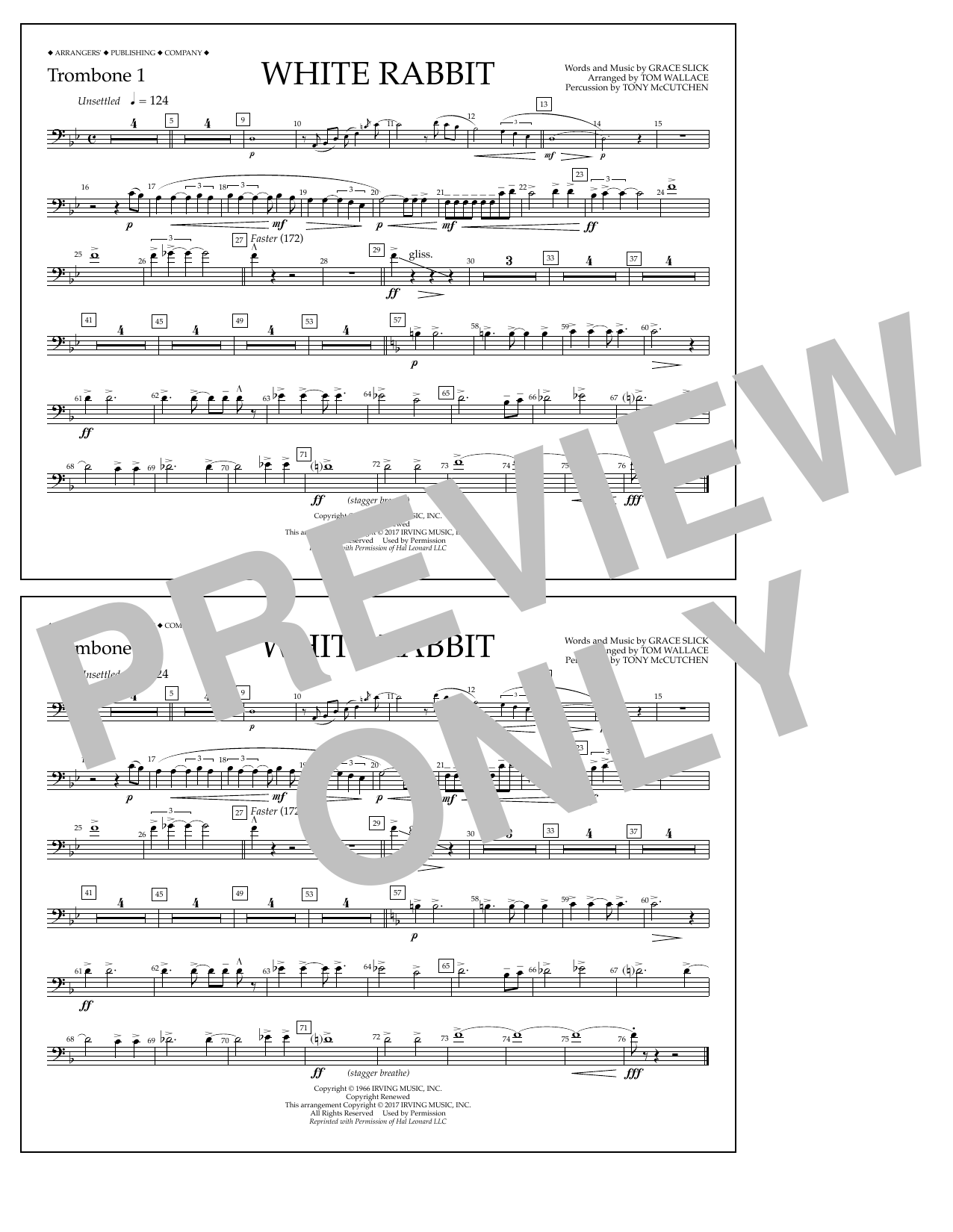 Learn to play Tom Wallace White Rabbit - Trombone 1 sheet music for Marching Band in minutes. Price: 7.8900$ Tom Wallace White Rabbit - Trombone 1 sheet music notes and chords arranged for Marching Band
