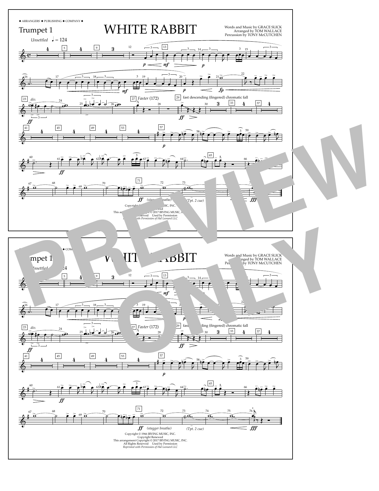 Learn to play Tom Wallace White Rabbit - Trumpet 1 sheet music for Marching Band in minutes. Price: 7.8900$ Tom Wallace White Rabbit - Trumpet 1 sheet music notes and chords arranged for Marching Band
