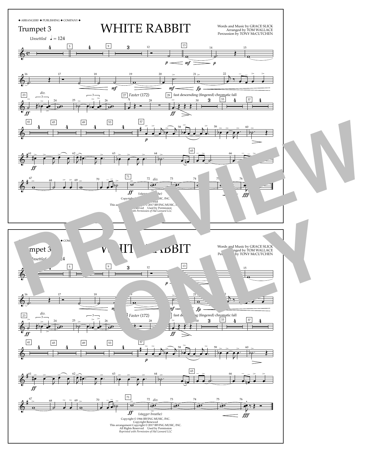 Learn to play Tom Wallace White Rabbit - Trumpet 3 sheet music for Marching Band in minutes. Price: 7.8900$ Tom Wallace White Rabbit - Trumpet 3 sheet music notes and chords arranged for Marching Band