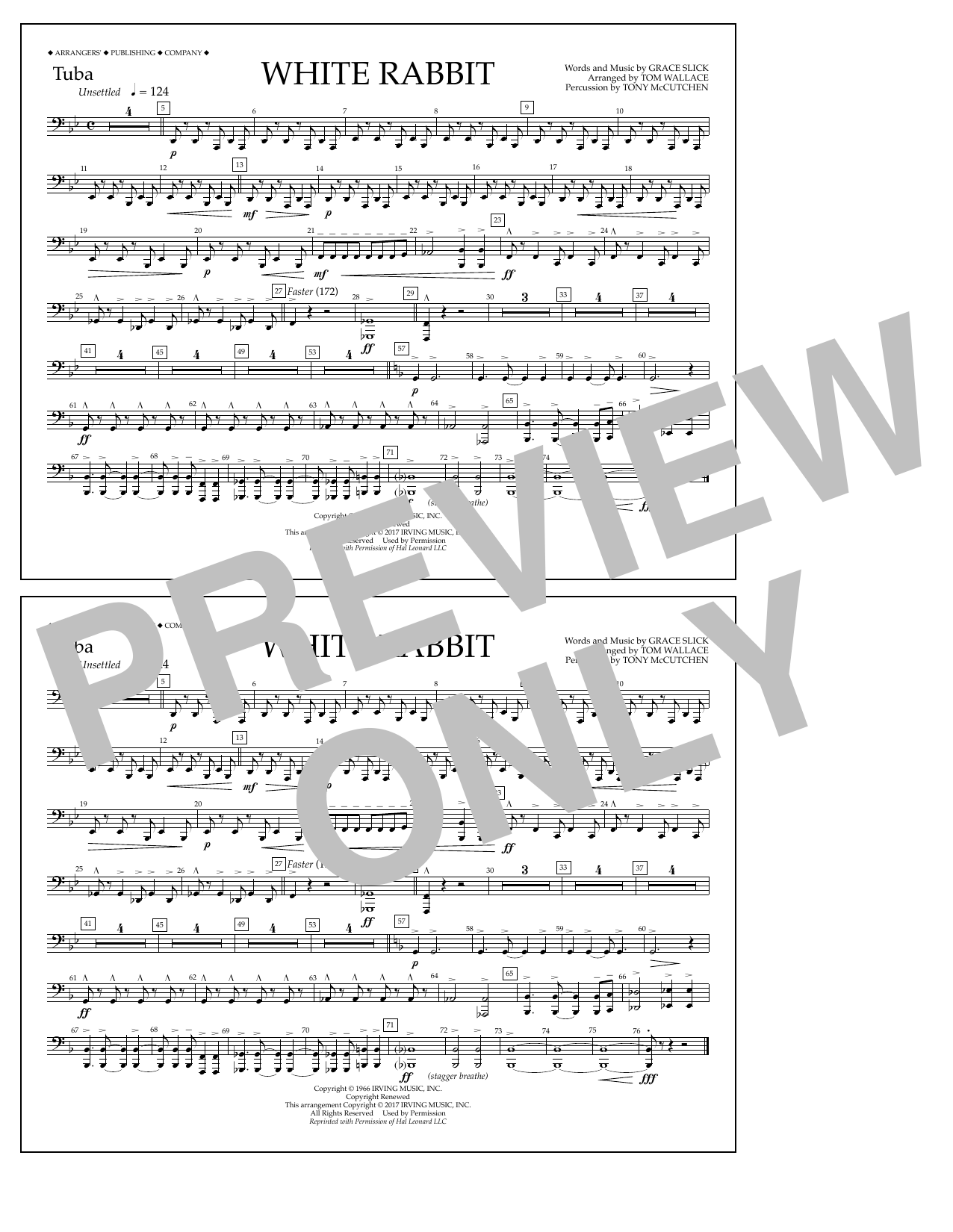 Learn to play Tom Wallace White Rabbit - Tuba sheet music for Marching Band in minutes. Price: 7.8900$ Tom Wallace White Rabbit - Tuba sheet music notes and chords arranged for Marching Band
