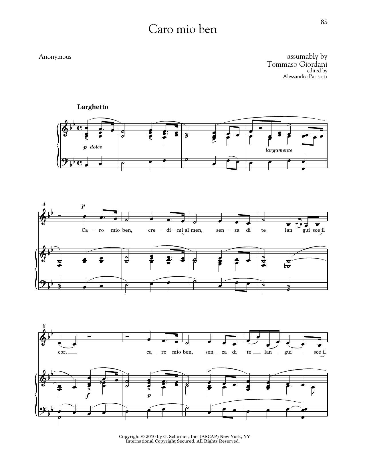 Learn to play Tommaso Giordani Caro Mio Ben (Low Voice) sheet music for Piano & Vocal in minutes. Price: 7.8900$ Tommaso Giordani Caro Mio Ben (Low Voice) sheet music notes and chords arranged for Piano & Vocal