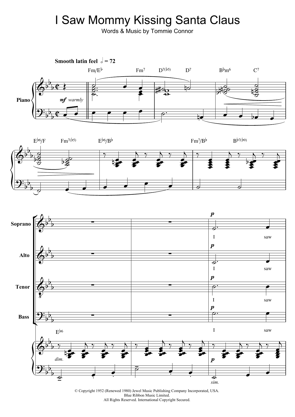 Tommie Connor I Saw Mommy Kissing Santa Claus (arr. Berty Rice) sheet music notes and chords arranged for SATB Choir