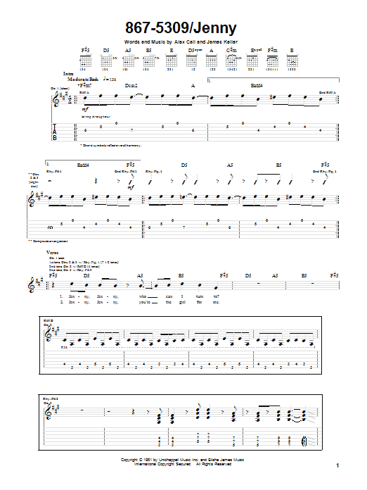 Tommy Tutone 867-5309/Jenny sheet music notes and chords. Download Printable PDF.