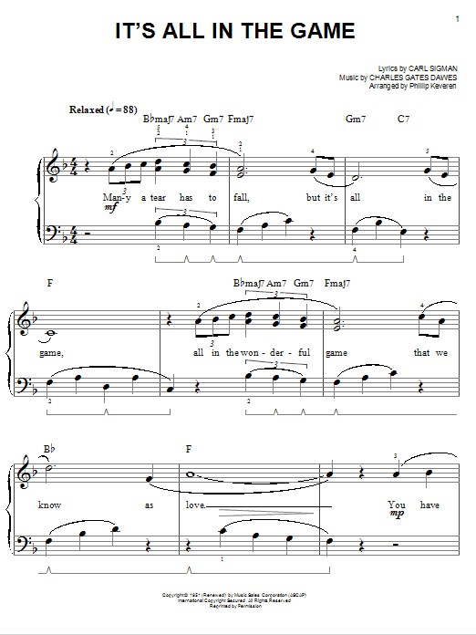 Learn to play Tommy Edwards It's All In The Game sheet music for Easy Piano in minutes. Price: 6.9900$ Tommy Edwards It's All In The Game sheet music notes and chords arranged for Easy Piano