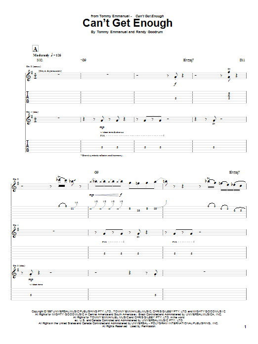 Learn to play Tommy Emmanuel Can't Get Enough sheet music for Guitar Tab in minutes. Price: 7.8900$ Tommy Emmanuel Can't Get Enough sheet music notes and chords arranged for Guitar Tab