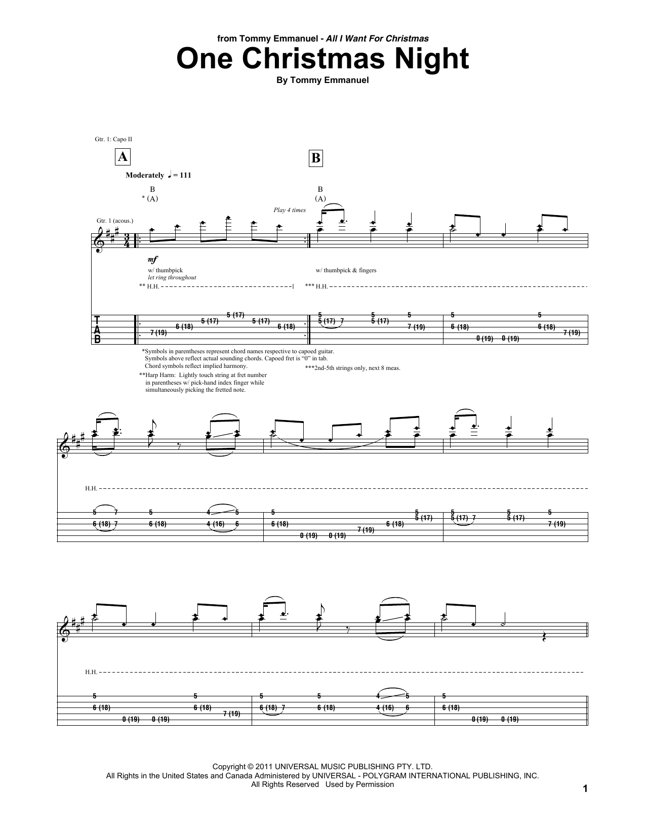 Tommy Emmanuel One Christmas Night sheet music notes and chords. Download Printable PDF.