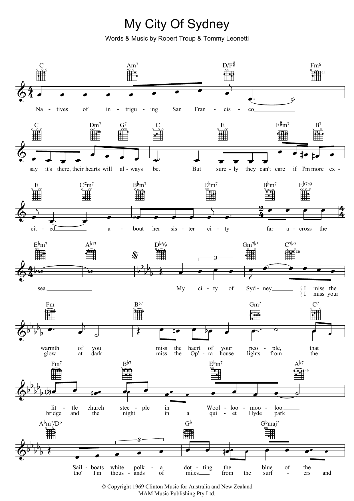 Learn to play Tommy Leonetti My City Of Sydney sheet music for Lead Sheet / Fake Book in minutes. Price: 5.9900$ Tommy Leonetti My City Of Sydney sheet music notes and chords arranged for Lead Sheet / Fake Book