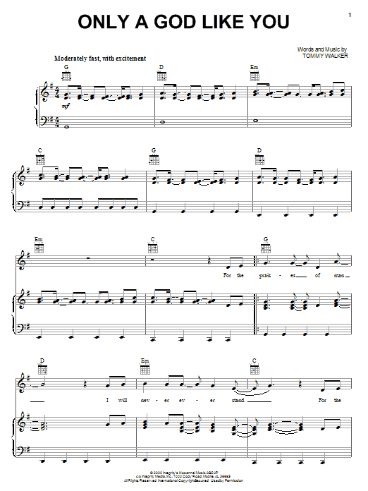 Learn to play Tommy Walker Only A God Like You sheet music for Piano, Vocal & Guitar (Right-Hand Melody) in minutes. Price: 7.7900$ Tommy Walker Only A God Like You sheet music notes and chords. Download Printable PDF.