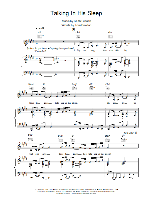 Toni Braxton Talking In His Sleep sheet music notes and chords. Download Printable PDF.