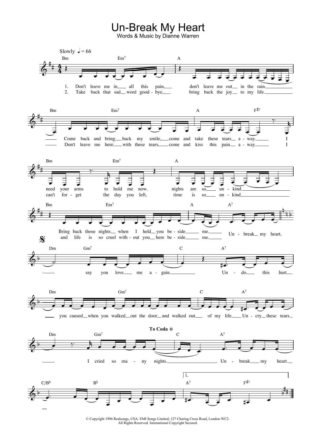 Toni Braxton Un-Break My Heart sheet music notes and chords. Download Printable PDF.