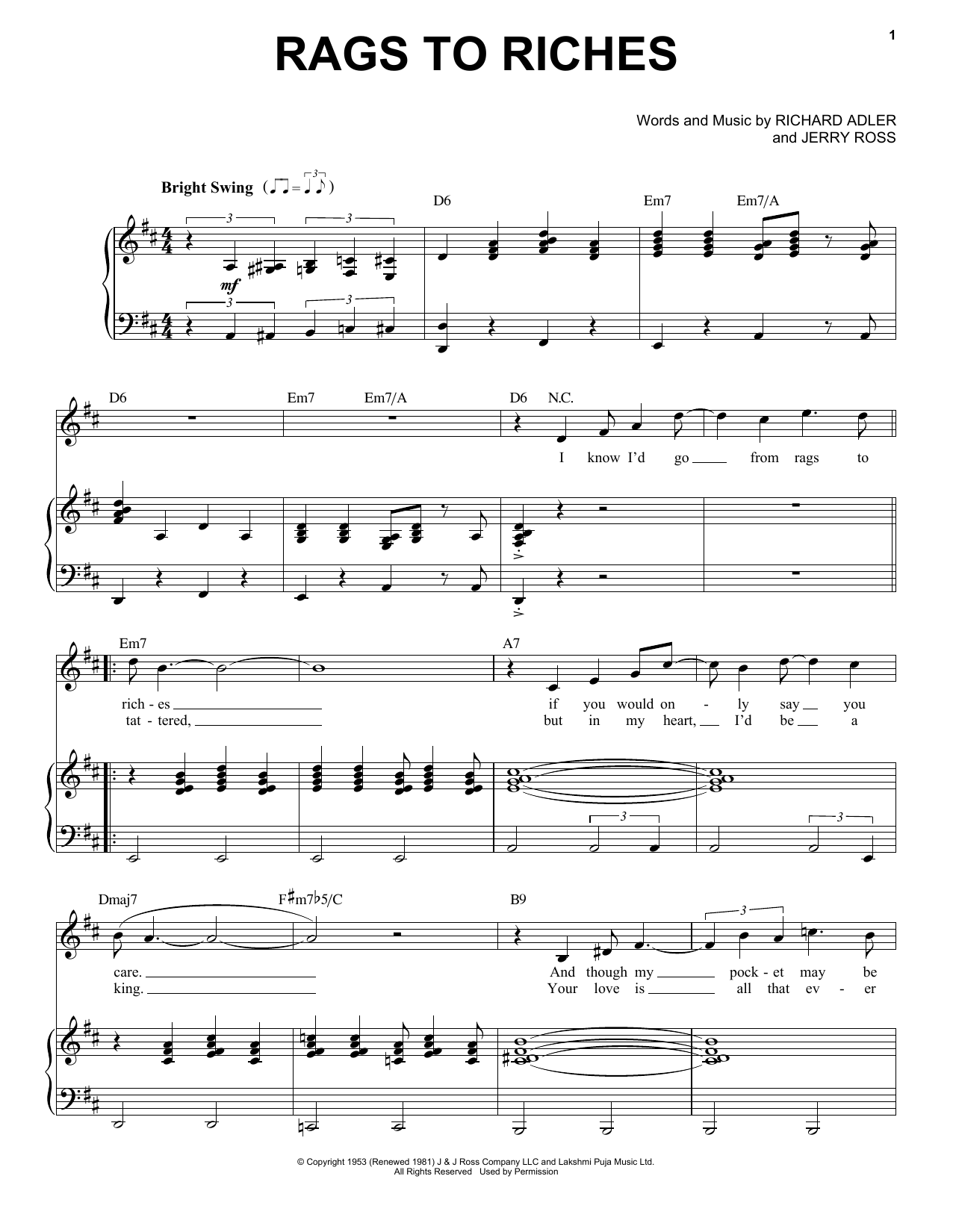 Tony Bennett Rags To Riches sheet music notes and chords. Download Printable PDF.