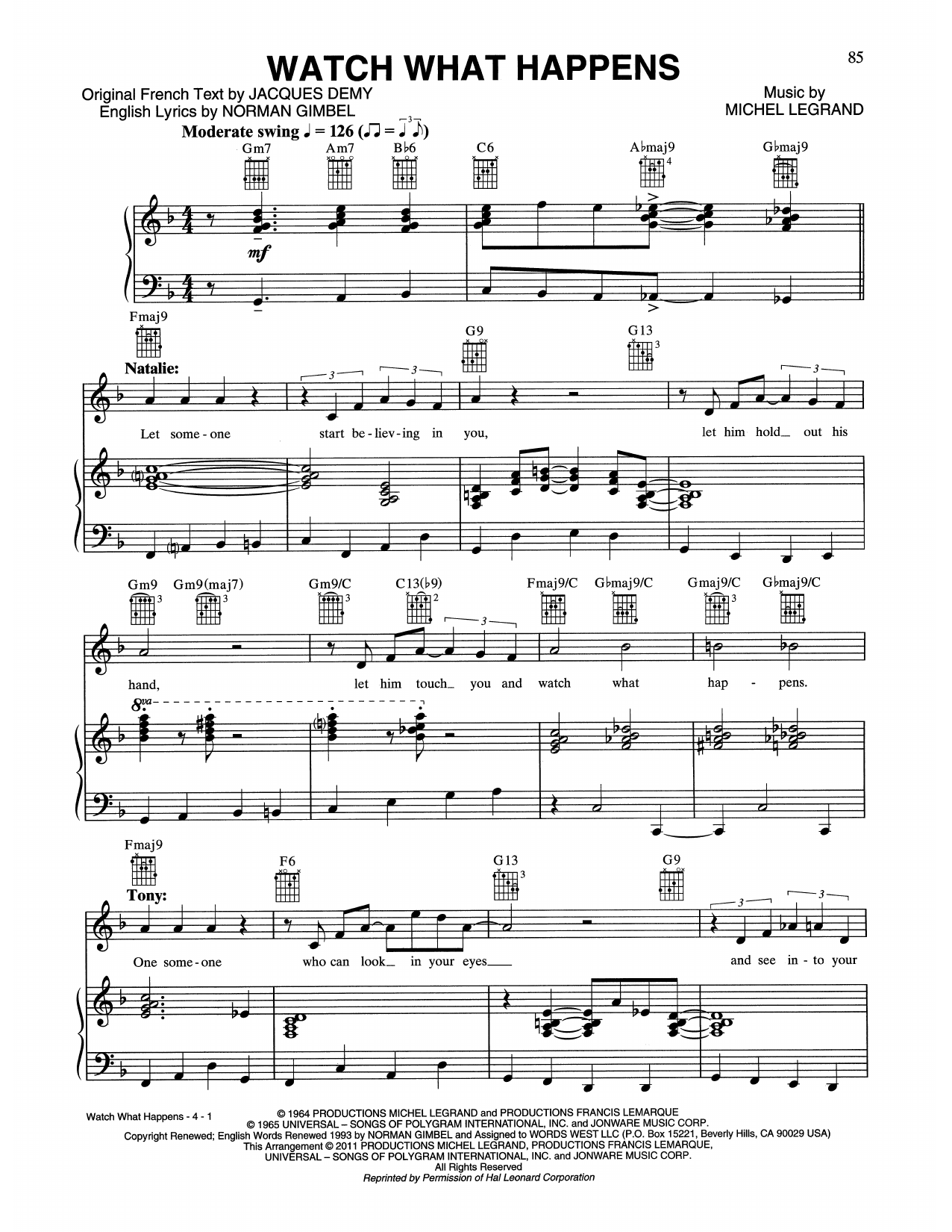 Learn to play Tony Bennett & Natalie Cole Watch What Happens sheet music for Piano, Vocal & Guitar Chords (Right-Hand Melody) in minutes. Price: 6.9900$ Tony Bennett & Natalie Cole Watch What Happens sheet music notes and chords arranged for Piano, Vocal & Guitar Chords (Right-Hand Melody)