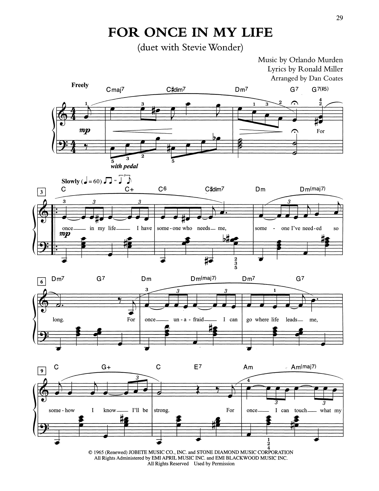 Tony Bennett & Stevie Wonder For Once In My Life (arr. Dan Coates) sheet music notes and chords arranged for Easy Piano