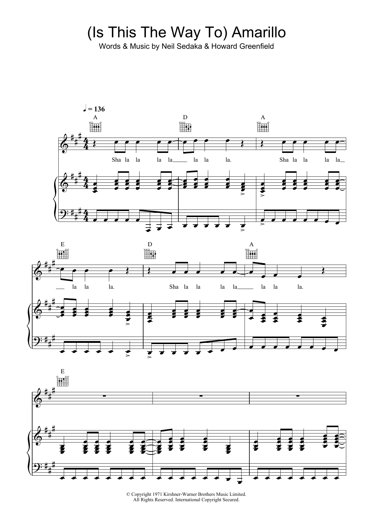 Learn to play Tony Christie (Is This The Way To) Amarillo (feat. Peter Kay) sheet music for Piano, Vocal & Guitar (Right-Hand Melody) in minutes. Tony Christie (Is This The Way To) Amarillo (feat. Peter Kay) sheet music notes and chords. Download Printable PDF.