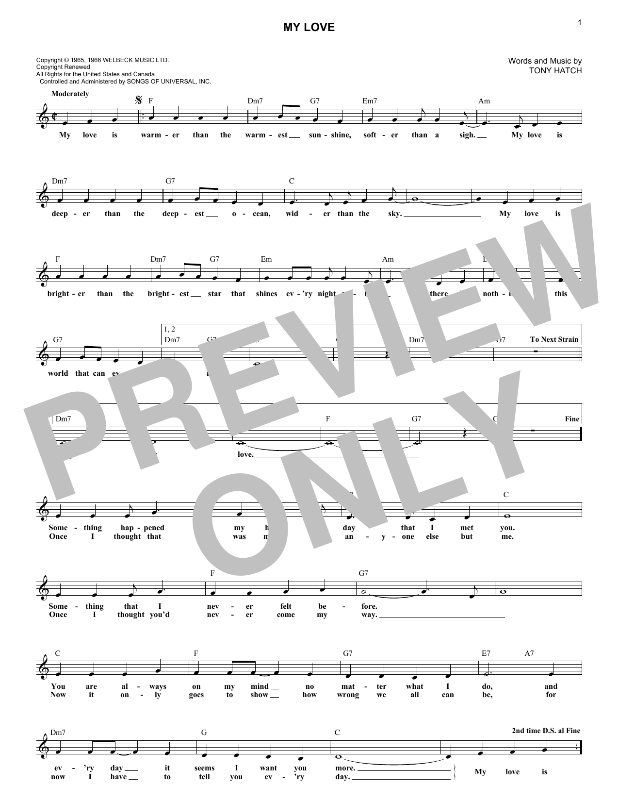 Tony Hatch My Love sheet music notes and chords. Download Printable PDF.