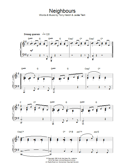 Learn to play Tony Hatch Theme from Neighbours sheet music for Piano Solo in minutes. Tony Hatch Theme from Neighbours sheet music notes and chords. Download Printable PDF.