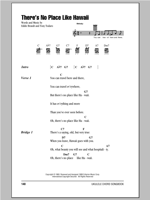 Learn to play Tony Todaro There's No Place Like Hawaii sheet music for Piano, Vocal & Guitar Chords (Right-Hand Melody) in minutes. Price: 7.8900$ Tony Todaro There's No Place Like Hawaii sheet music notes and chords arranged for Piano, Vocal & Guitar Chords (Right-Hand Melody)