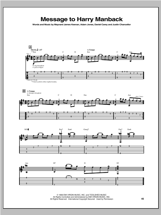 Tool Message To Harry Manback sheet music notes and chords. Download Printable PDF.