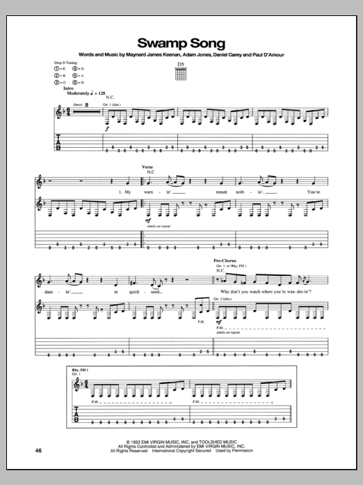 Tool Swamp Song sheet music notes and chords. Download Printable PDF.