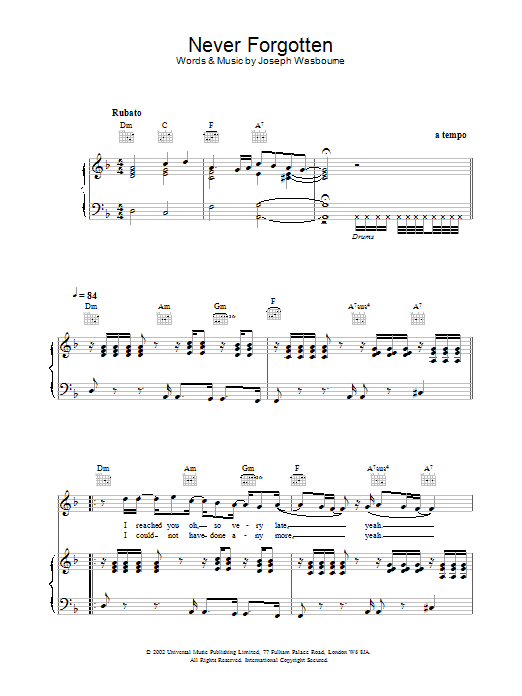 Toploader Never Forgotten sheet music notes and chords. Download Printable PDF.
