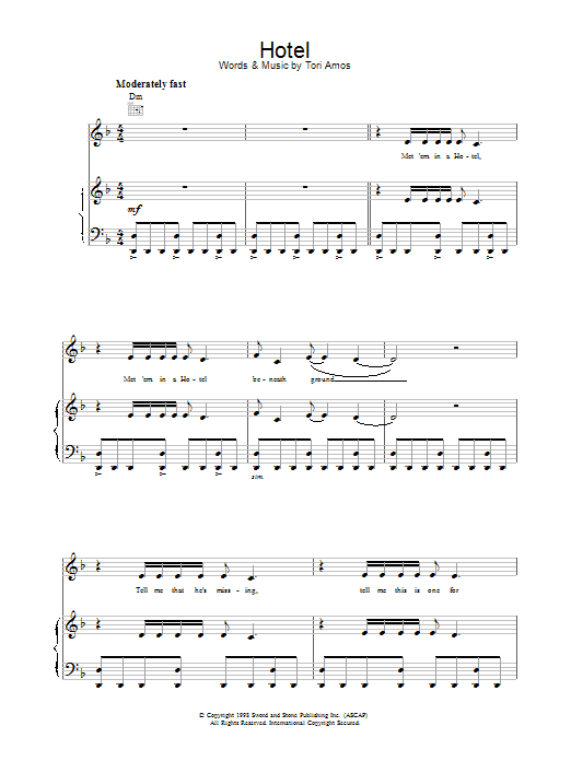 Tori Amos Hotel sheet music notes and chords. Download Printable PDF.