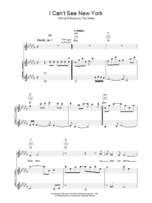 Learn to play Tori Amos I Can't See New York sheet music for Piano, Vocal & Guitar in minutes. Tori Amos I Can't See New York sheet music notes and chords. Download Printable PDF.