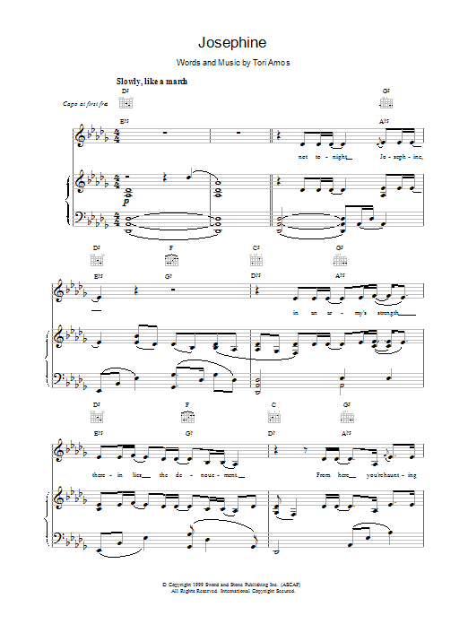 Tori Amos Josephine sheet music for Piano, Vocal & Guitar (Right-Hand Melody) in minutes. Price: 7.8900$ Tori Amos Josephine sheet music notes and chords. Download Printable PDF.