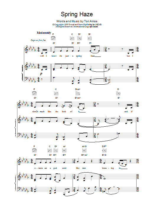 Tori Amos Spring Haze sheet music for Piano, Vocal & Guitar (Right-Hand Melody) in minutes. Price: 7.8900$ Tori Amos Spring Haze sheet music notes and chords. Download Printable PDF.