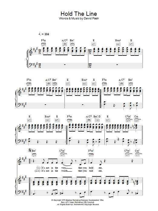 Toto Hold The Line sheet music notes and chords. Download Printable PDF.