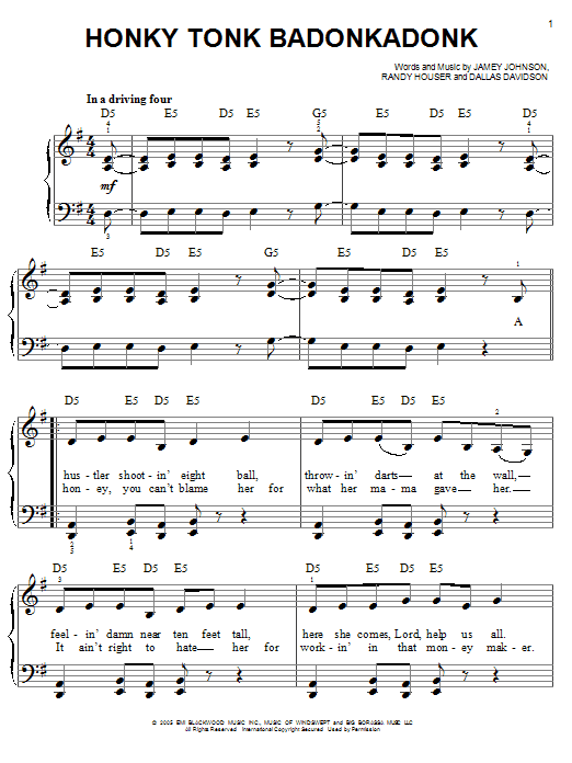 Trace Adkins Honky Tonk Badonkadonk sheet music notes and chords arranged for Easy Piano