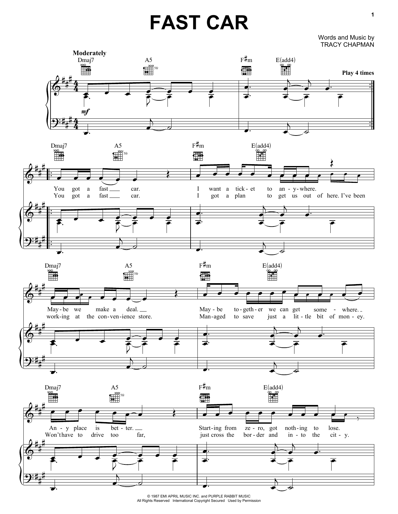 Tracy Chapman Fast Car sheet music notes and chords. Download Printable PDF.