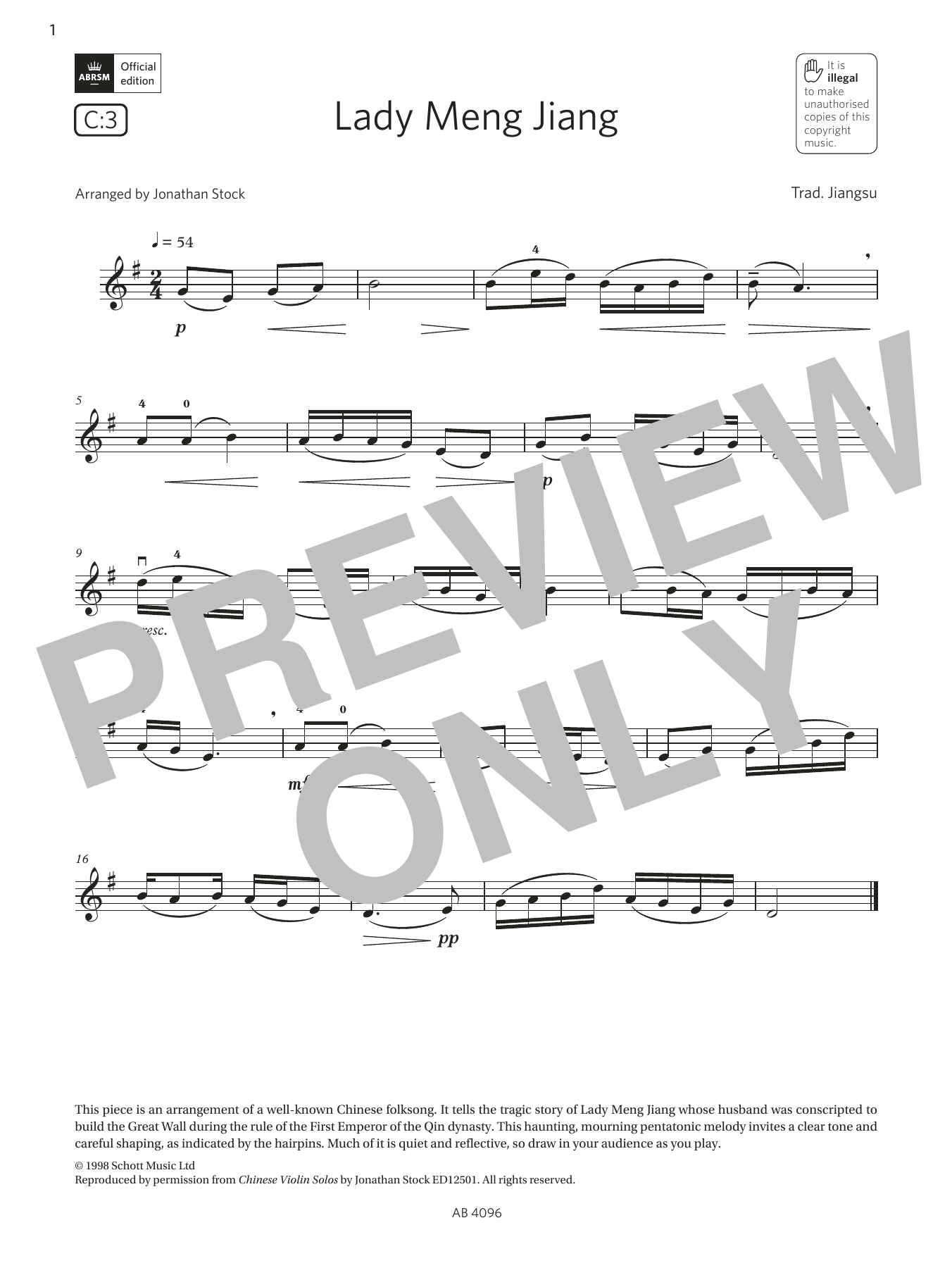 Learn to play Trad. Jiangsu Lady Meng Jiang (Grade 2, C3, from the ABRSM Violin Syllabus from 2024) sheet music for Violin Solo in minutes. Price: 4.4900$ Trad. Jiangsu Lady Meng Jiang (Grade 2, C3, from the ABRSM Violin Syllabus from 2024) sheet music notes and chords arranged for Violin Solo