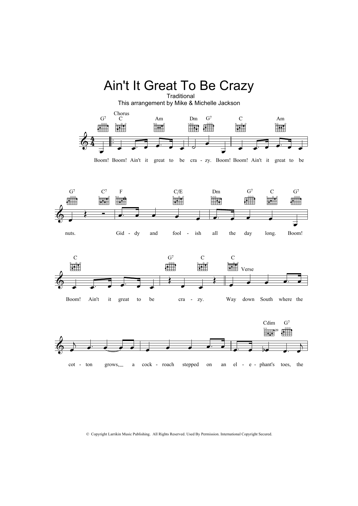 Learn to play Traditional Ain't It Great To Be Crazy sheet music for Lead Sheet / Fake Book in minutes. Price: 5.9900$ Traditional Ain't It Great To Be Crazy sheet music notes and chords arranged for Lead Sheet / Fake Book