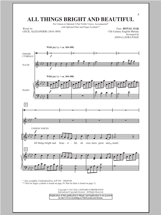 Traditional All Things Bright And Beautiful (arr. Anna Laura Page) sheet music notes and chords. Download Printable PDF.