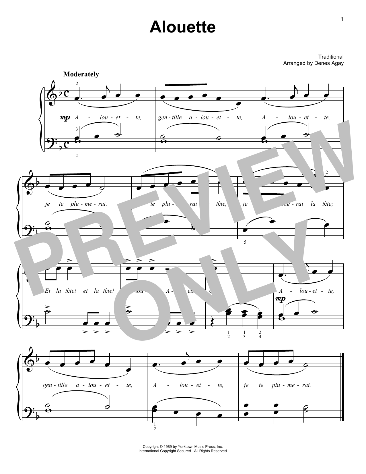 Learn to play Traditional Alouette (arr. Denes Agay) sheet music for Easy Piano in minutes. Price: 6.9900$ Traditional Alouette (arr. Denes Agay) sheet music notes and chords arranged for Easy Piano