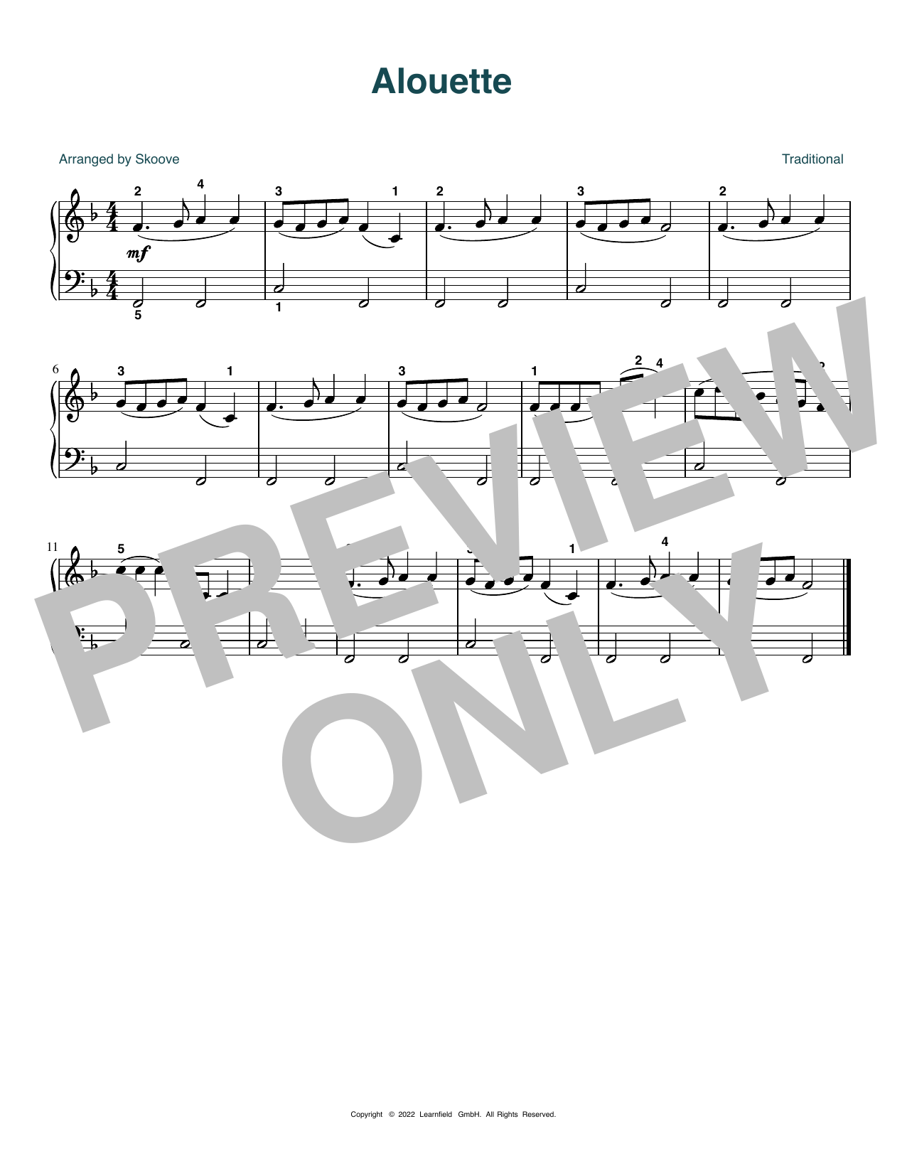 Traditional Alouette (arr. Skoove) sheet music notes and chords. Download Printable PDF.