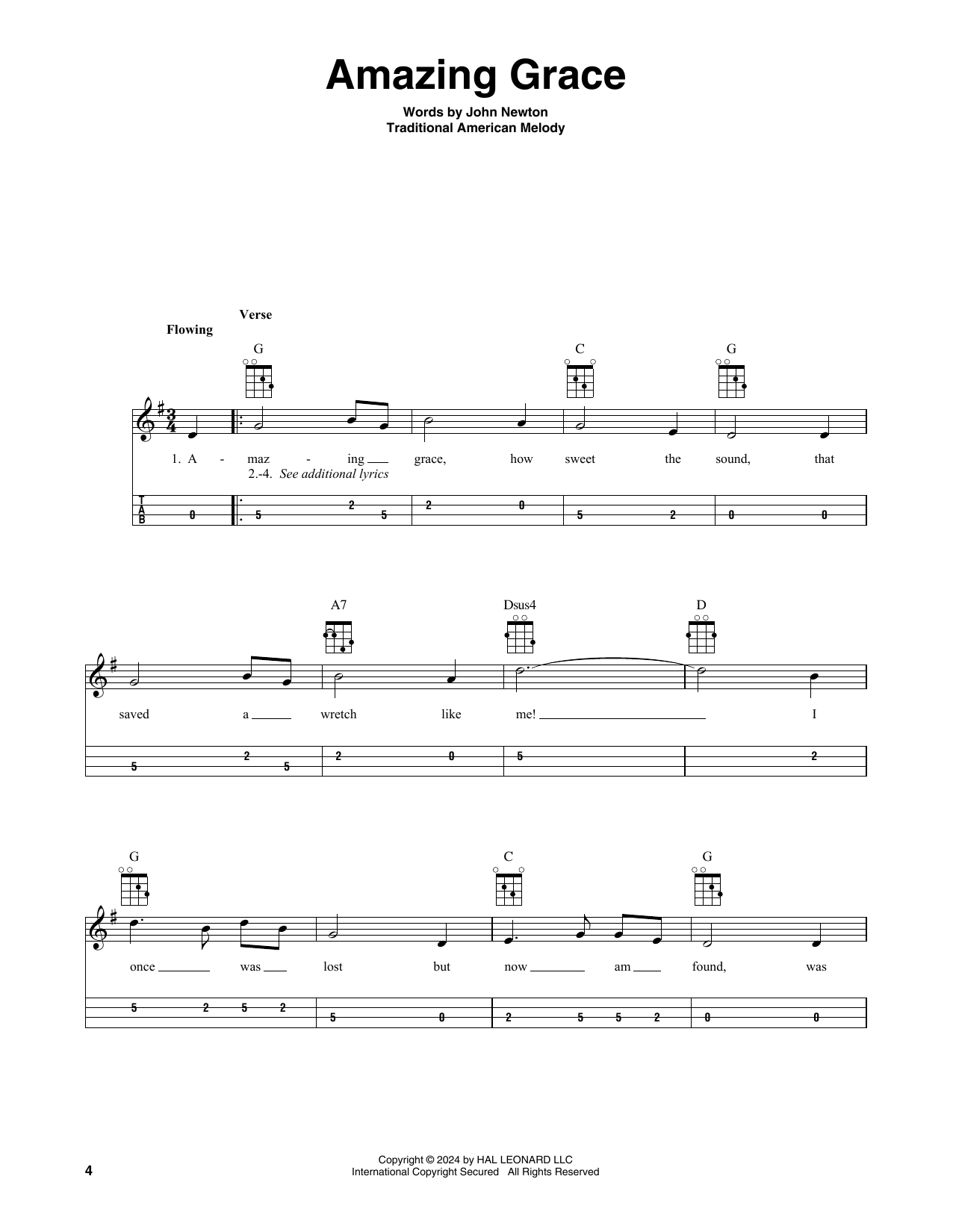 Traditional American Melody Amazing Grace sheet music notes and chords. Download Printable PDF.