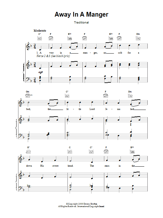 Christmas Carol Away In A Manger sheet music for Piano, Vocal & Guitar (Right-Hand Melody) in minutes. Price: 7.8900$ Christmas Carol Away In A Manger sheet music notes and chords. Download Printable PDF.