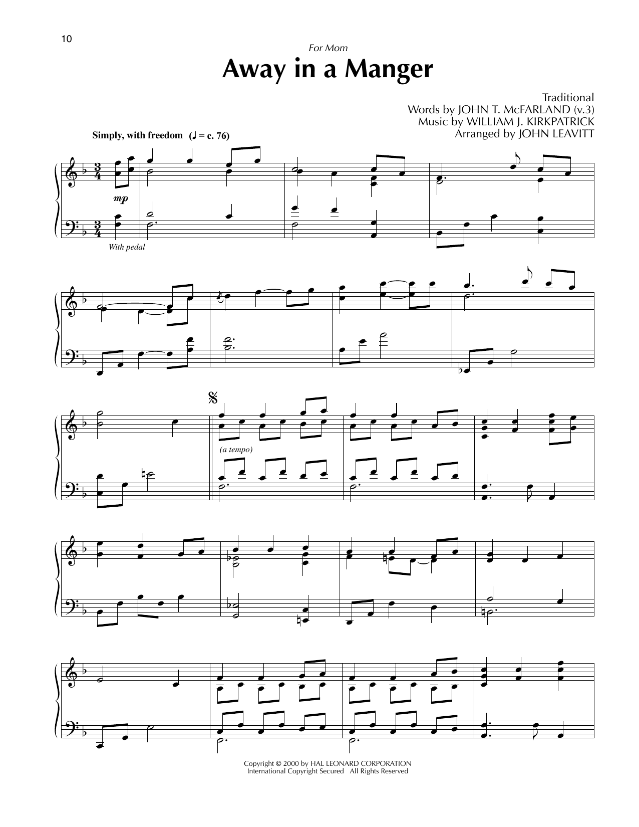Learn to play Traditional Away In A Manger (arr. John Leavitt) sheet music for Piano Solo in minutes. Price: 7.8900$ Traditional Away In A Manger (arr. John Leavitt) sheet music notes and chords arranged for Piano Solo