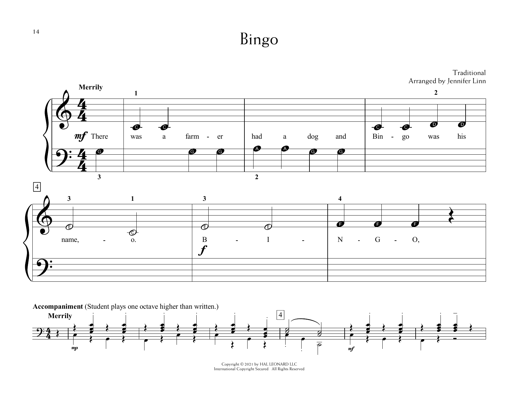 Learn to play Traditional Bingo (arr. Jennifer Linn) sheet music for Educational Piano in minutes. Price: 6.9900$ Traditional Bingo (arr. Jennifer Linn) sheet music notes and chords arranged for Educational Piano