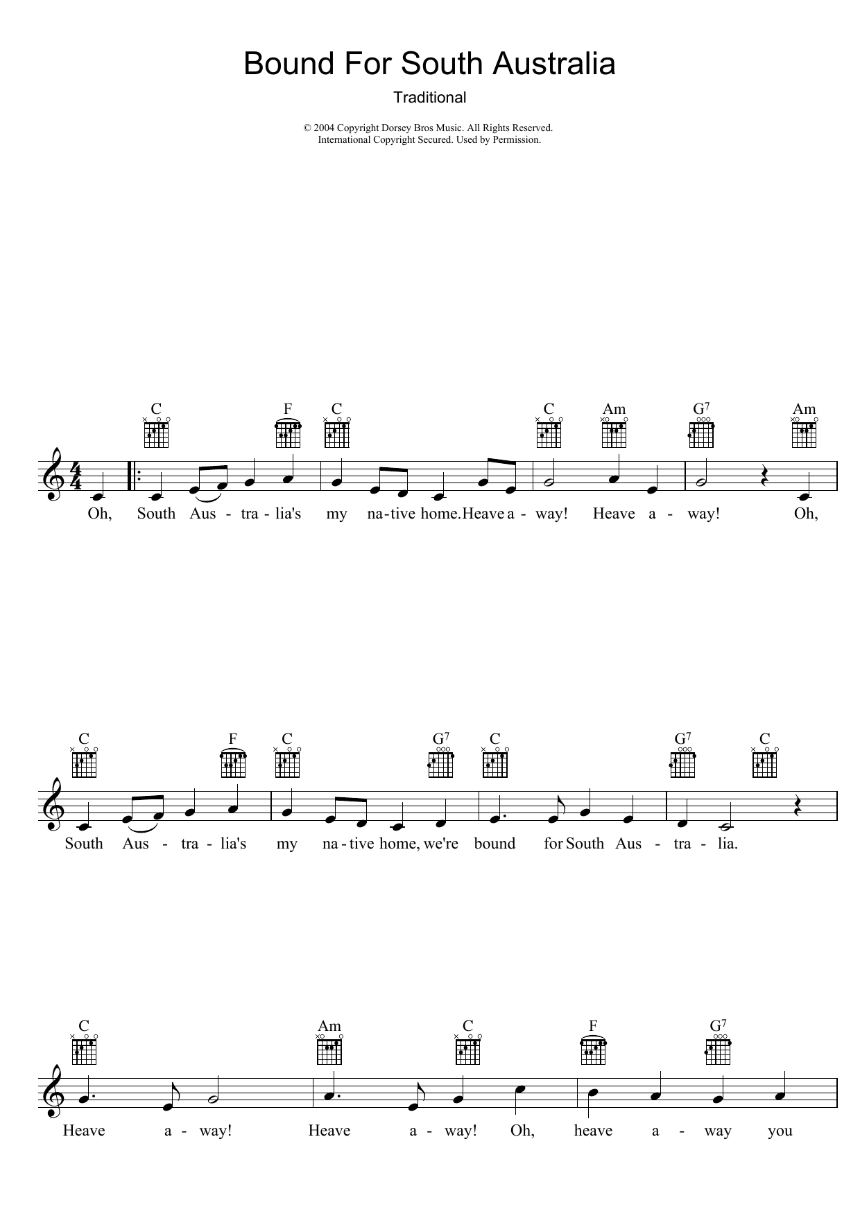 Learn to play Traditional Bound For South Australia sheet music for Lead Sheet / Fake Book in minutes. Price: 5.9900$ Traditional Bound For South Australia sheet music notes and chords arranged for Lead Sheet / Fake Book