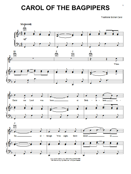 Traditional Carol Of The Bagpipers sheet music notes and chords. Download Printable PDF.