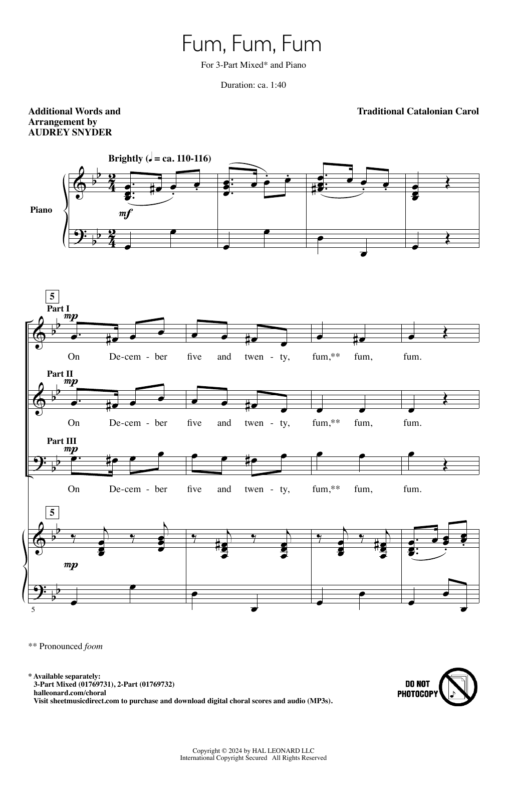 Traditional Catalonian Carol Fum, Fum, Fum (arr. Audrey Snyder) sheet music notes and chords. Download Printable PDF.