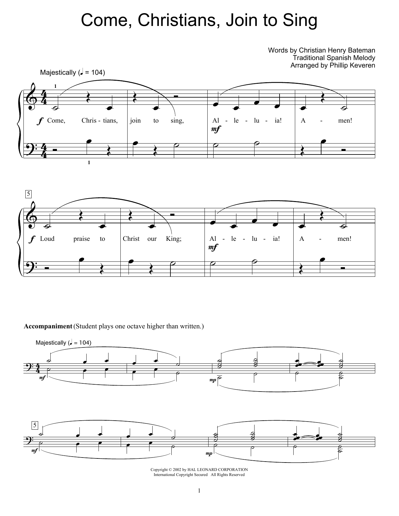 Learn to play Fred Kern Come, Christians, Join To Sing sheet music for Educational Piano in minutes. Price: 6.9900$ Fred Kern Come, Christians, Join To Sing sheet music notes and chords arranged for Educational Piano
