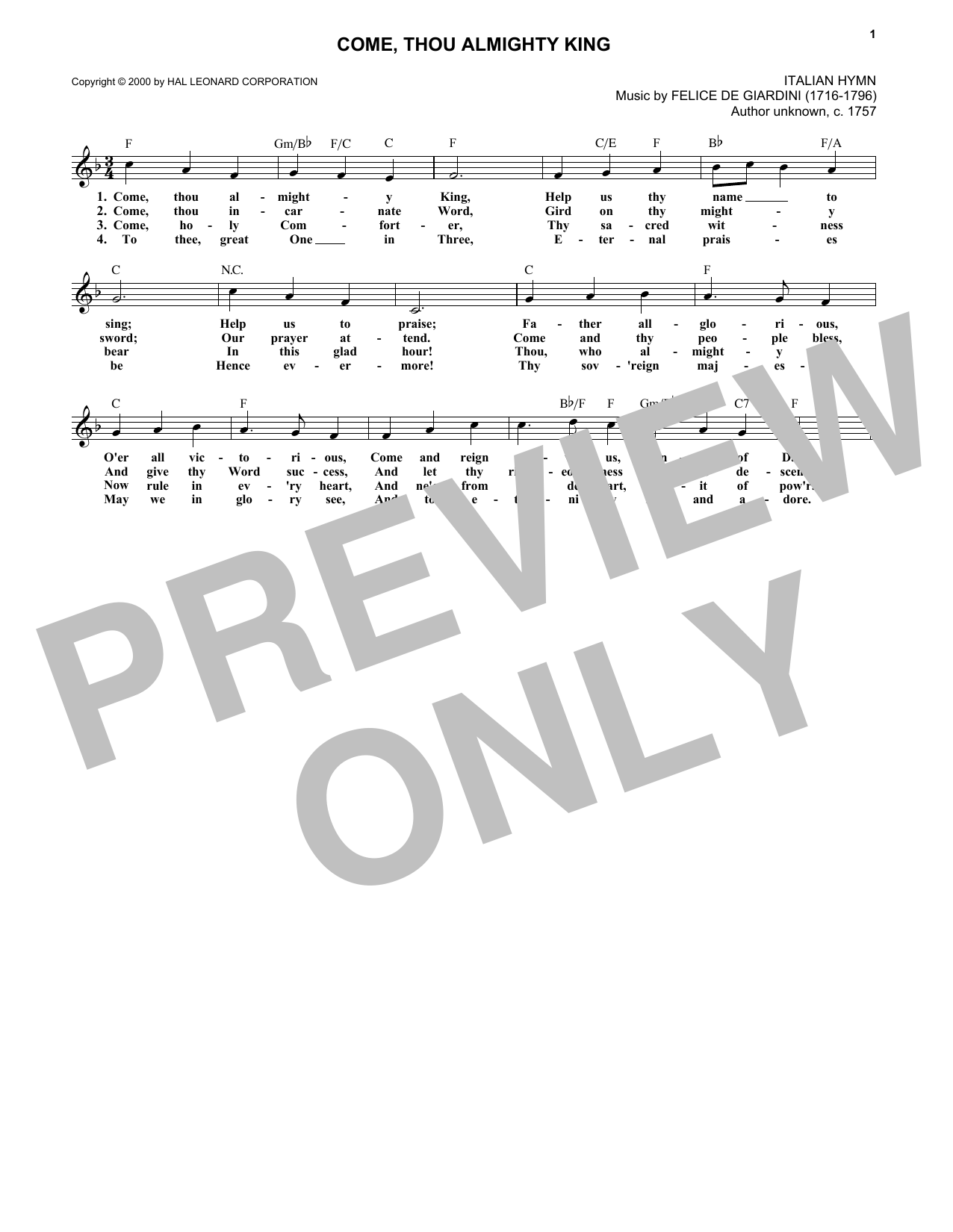 Traditional Come, Thou Almighty King sheet music notes and chords. Download Printable PDF.