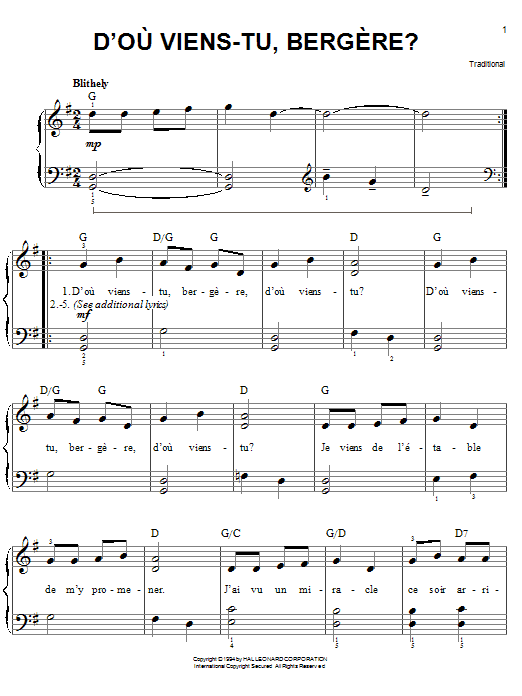 Learn to play Traditional D'ou Viens-Tu, Beregere? sheet music for Easy Piano in minutes. Price: 6.9900$ Traditional D'ou Viens-Tu, Beregere? sheet music notes and chords arranged for Easy Piano