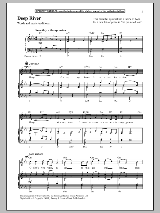 Traditional Deep River sheet music notes and chords. Download Printable PDF.