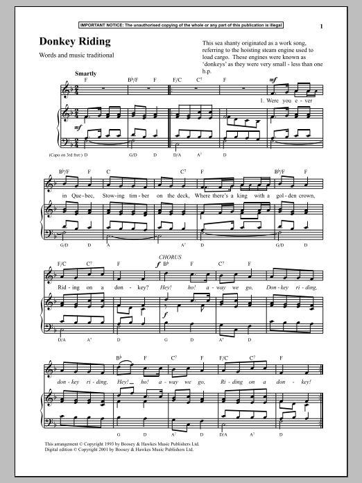Learn to play Traditional Donkey Riding sheet music for Piano & Vocal in minutes. Traditional Donkey Riding sheet music notes and chords. Download Printable PDF.
